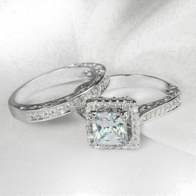 2 Ct Princess Simulated Diamond 14k White Gold Finish Halo Bridal Band Ring Set