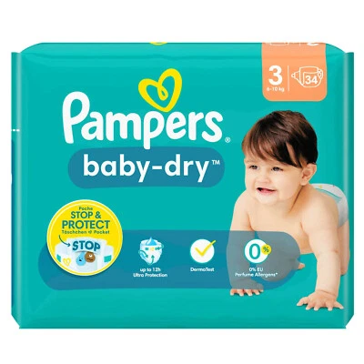 34 Stück Pampers Baby Dry Größe 3 Windeln 6 - 10 kg / 13 - 22 lbs Derma Test