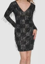 Guess Womens Black Sequins Fringe Checked V Neck Long Sleeve Dress Size 8