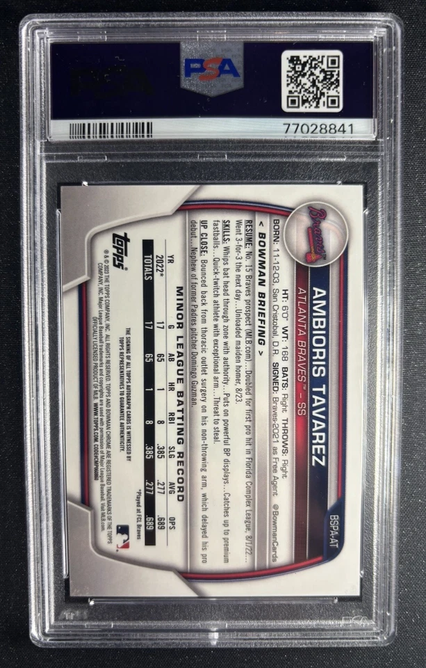 2023 Bowman Sapphire Edition Chrome Prospects Ambioris Tavarez #BSPA-AT Auto psa - Image 2 of 2
