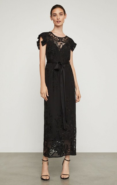 bcbg embroidered chiffon halter gown