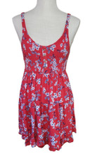 Japna Red Floral Smock Mini Dress XS Ruched Top Strappy Sleeveless Scoop Neck
