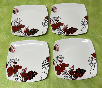 Set Of VELVET FLOWER Square Dinner Plates by COVENTRY 10” Red White Black 