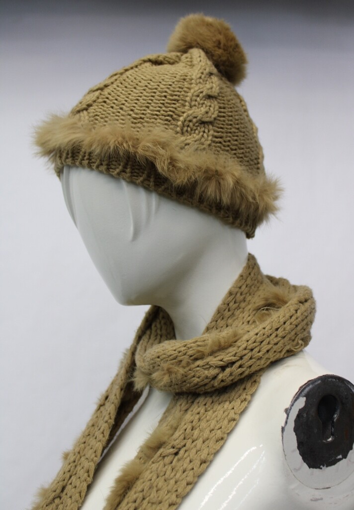 MINT BEIGE BROWN KNITTED WITH RABBIT FUR HAT GLOVES SCARF WOMEN WOMAN ONE SIZE image 6