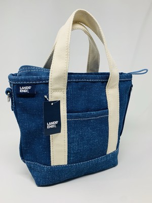 LANDS END *Denim Blue* 100% Cotton Canvas Tote Bag Zip Top Small