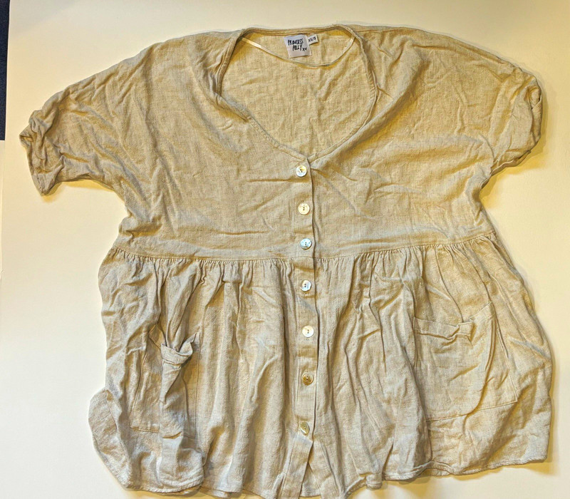 Princess Polly Women's Beige Cotton Oversized V-Neck Button Front Top XS/S