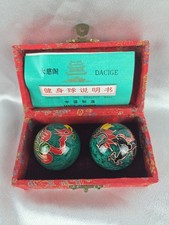 PAIR OF CHINESE CLOISONNE PHOENIX  DRAGON BAODING BALLS IN SILK BOX  NICE 