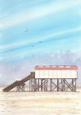 Original watercolour - North Sea, island, North Frisia - pile dwelling - St. Peter Ording