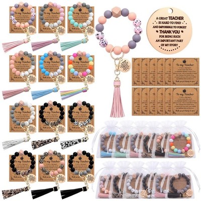 12 Set Teacher Appreciation Gifts Bulk Silicone Beaded Wristlet Keychain with...