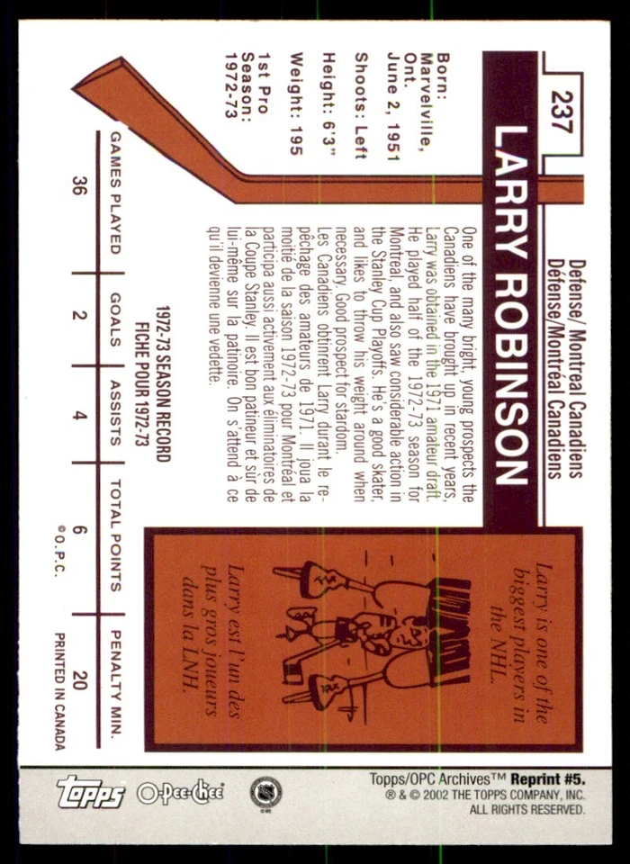 2001-02 Topps / O-Pee-Chee Archives Larry Robinson #5 - Image 2 of 2