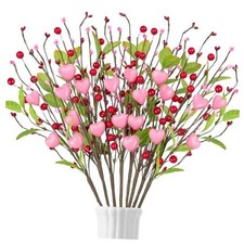 10PCS Valentines Day Decorations Pink Heart Picks - Valentine Artificial Berry