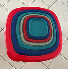 6pc Square Plastic Food Storage Container Set, Snap Lids, Nesting, Multi