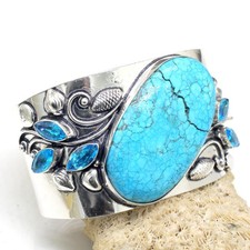 Turquoise&Topaz Gemstone 925 Sterling Silver Jewelry Cuff Bracelet Adjustable