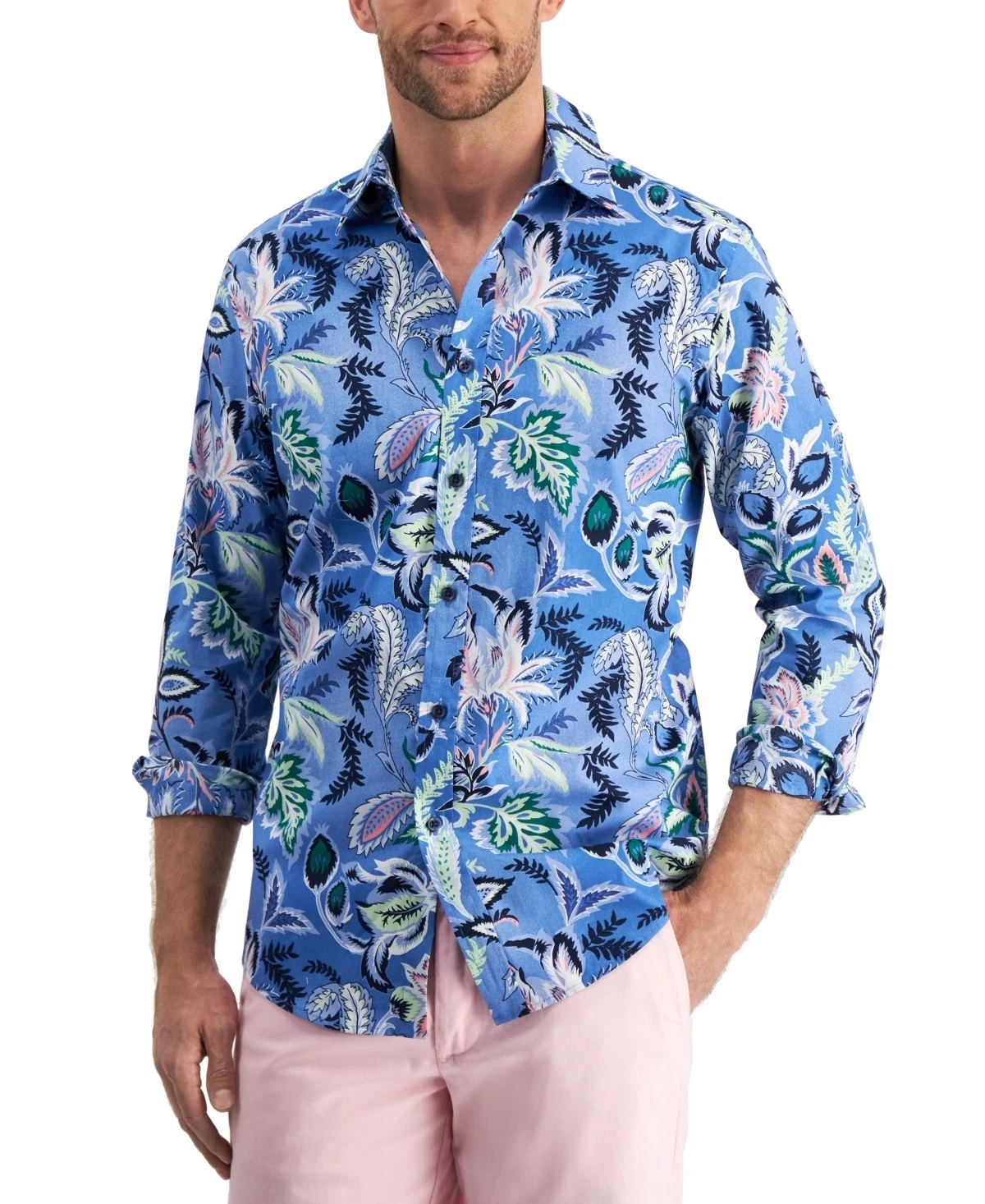 Club Room Mens Floral Button-Down Dress Shirt Blue Black Size L MSRP $60