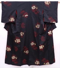 5919T13z630 Vintage Japanese Kimono Silk OMESHI KOMON Flowers Black