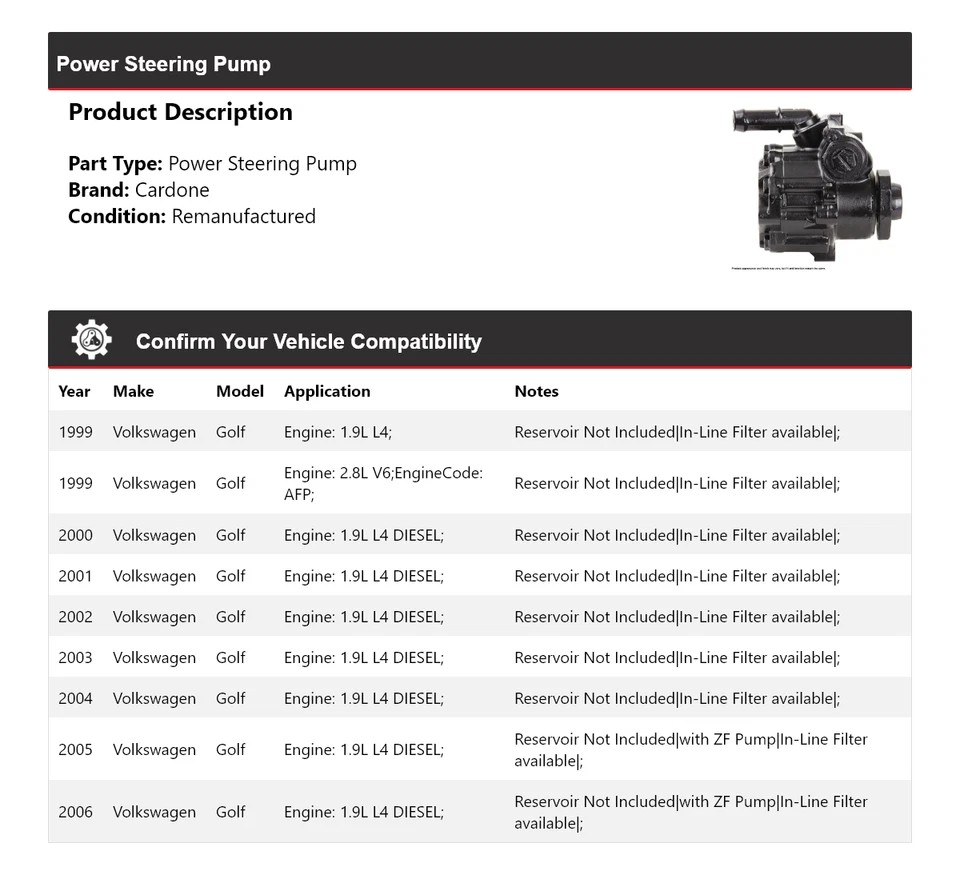 For 1999-2006 Volkswagen Golf Power Steering Pump Cardone 2000 2001 2002 2003 - Image 2 of 4