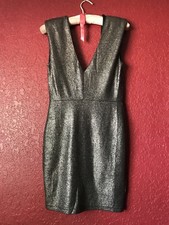 Signature Grey Metallic Plunge Neck NWT Cocktail Party Evening Mini Dress M $89