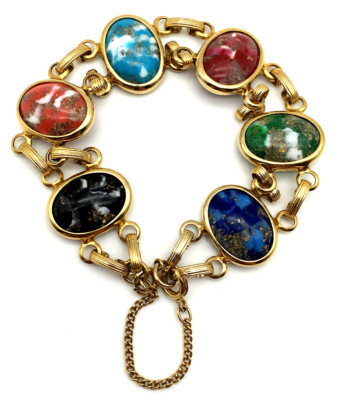 GoldTone Double Chain 6 Gold Spec Colored Lucite Cabochons Bracelet Safety Chain