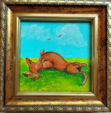 Dachshund painting original framed Brown dog sleeping painting Puppy art