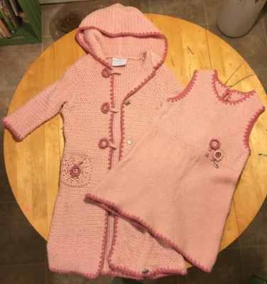 Giesswein Girls Pink Knit Crochet Hooded Sweater Coat Jacket Jumper Dress 4 Set