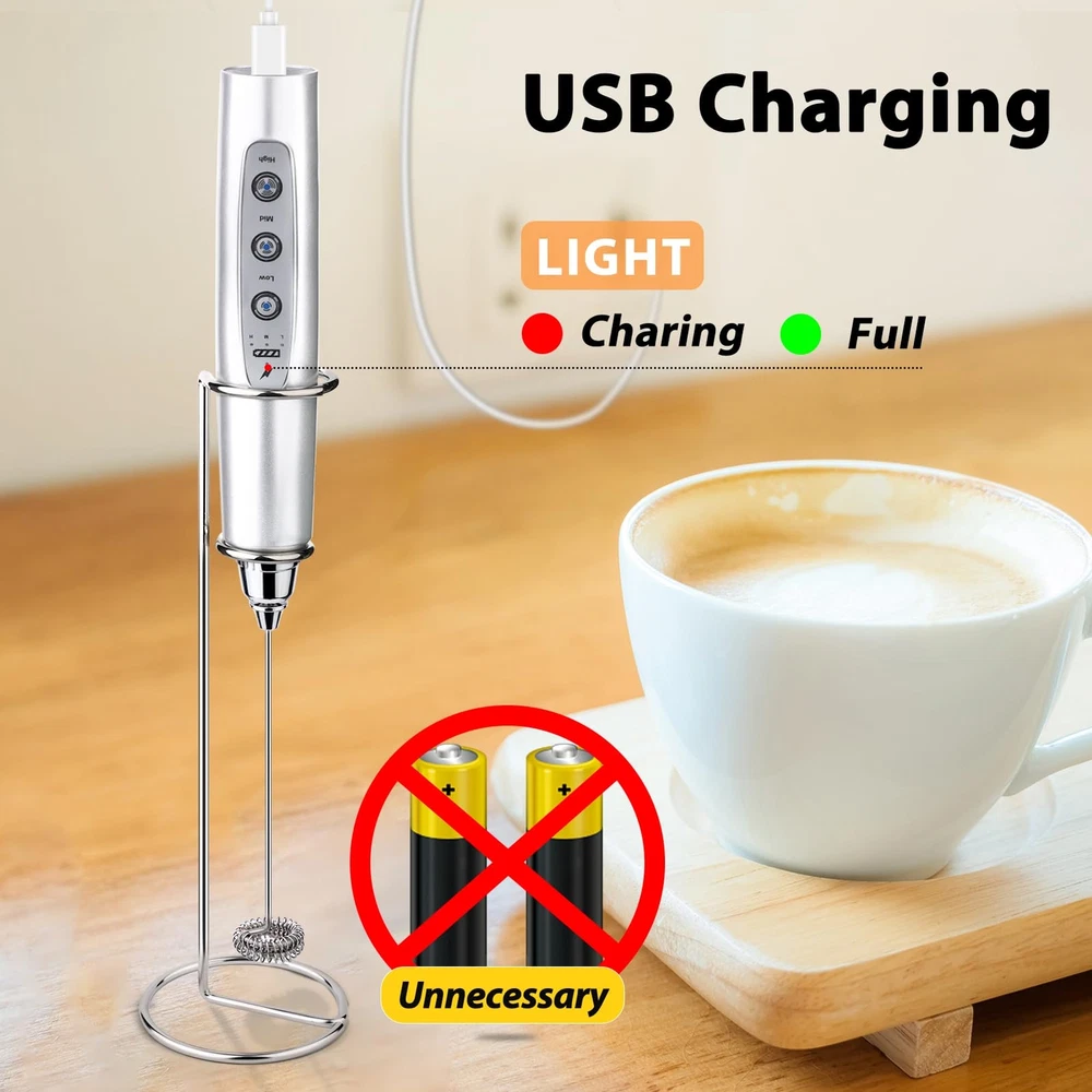 Milk Frother with Stand Rechargeable-Handheld Frother Wand with 3 Stainless W...