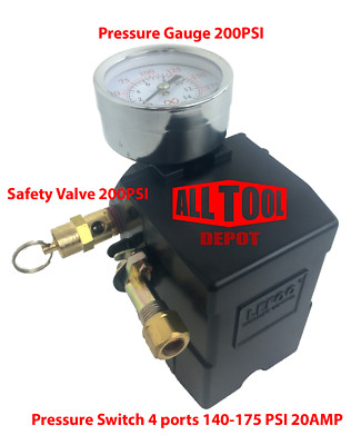 Air Compressor Pressure Switch set 4 Port 140-175 PSI w/ Gauge w/ Safety valve