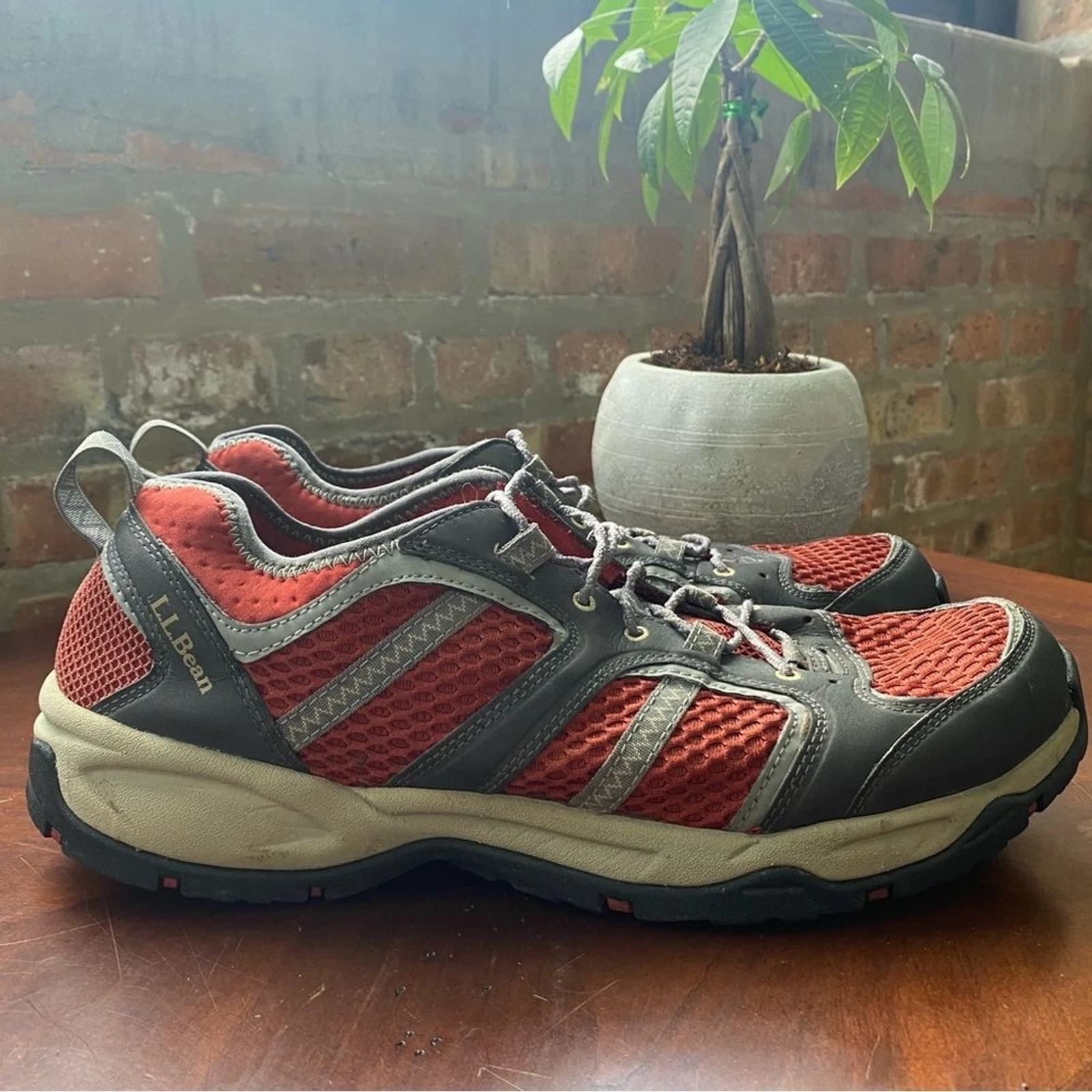 LL Bean Men's Rocky Coast Grey Rust Red Hiking Shoes Sneakers Size 12