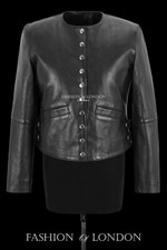 Ladies Fashion Style Black Collarless Button Down Retro Leather Jacket Kristen