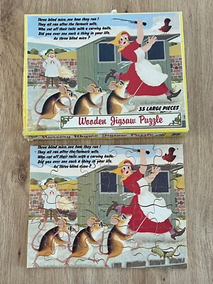 Vintage drei blinde Mäuse Kinderreim 35 Stück Holzpuzzle-vollständig