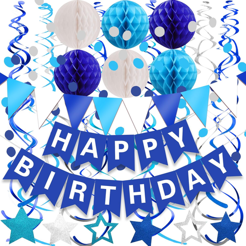 Navy Blue Happy Birthday Paper Banner Flag Bunting Circle Confetti Garland Swirl