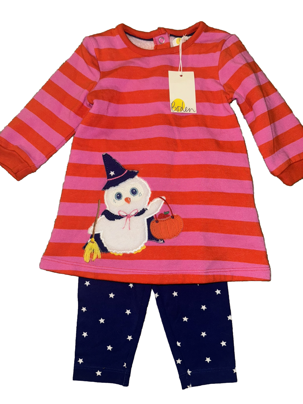 Baby Boden Halloween Owl Sweatshirt Dress With Star Leggings 3/6 Months NWT