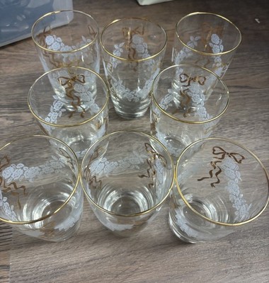 Set Of 8 Vintage Libbey Rose Classic White Roses & Gold Ribbon Design Glasses