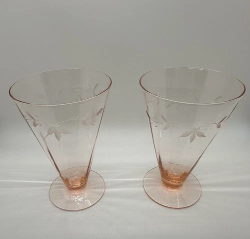 Set Of 2 Pink Etched Depression Glasses