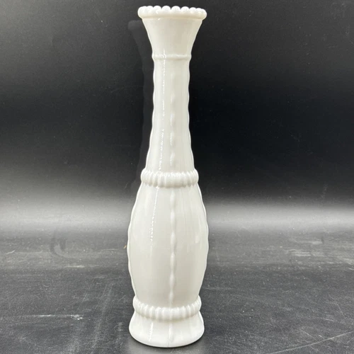 Vintage White Milk Glass 10-1/2" Bud Vase Bead & Stitch Design