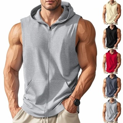Men Hooded Zipper Tank Top Gym Workout Sleeveless Hoodie Vest Bodybuilding Shirt