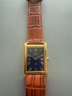 Vintage Seiko Tank Wrist Watch Refurbished Blue Dial Gold Bezel Brown Strap