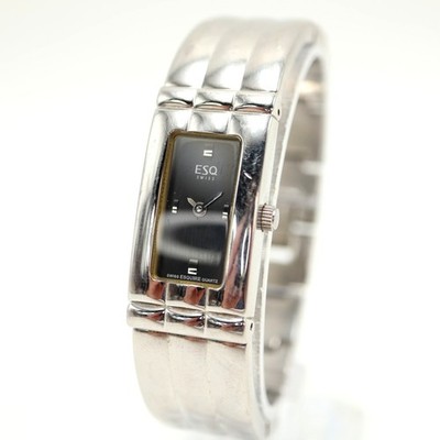 Vintage ESQ Womens Silver Tone 18mm Black Tank Watch 6.5'' Bracelet w New Battery