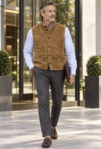 Peter Millar Crown Suede Greenwich Goat Suede Leather Vest Mens M Brown Quilted - product listing photo