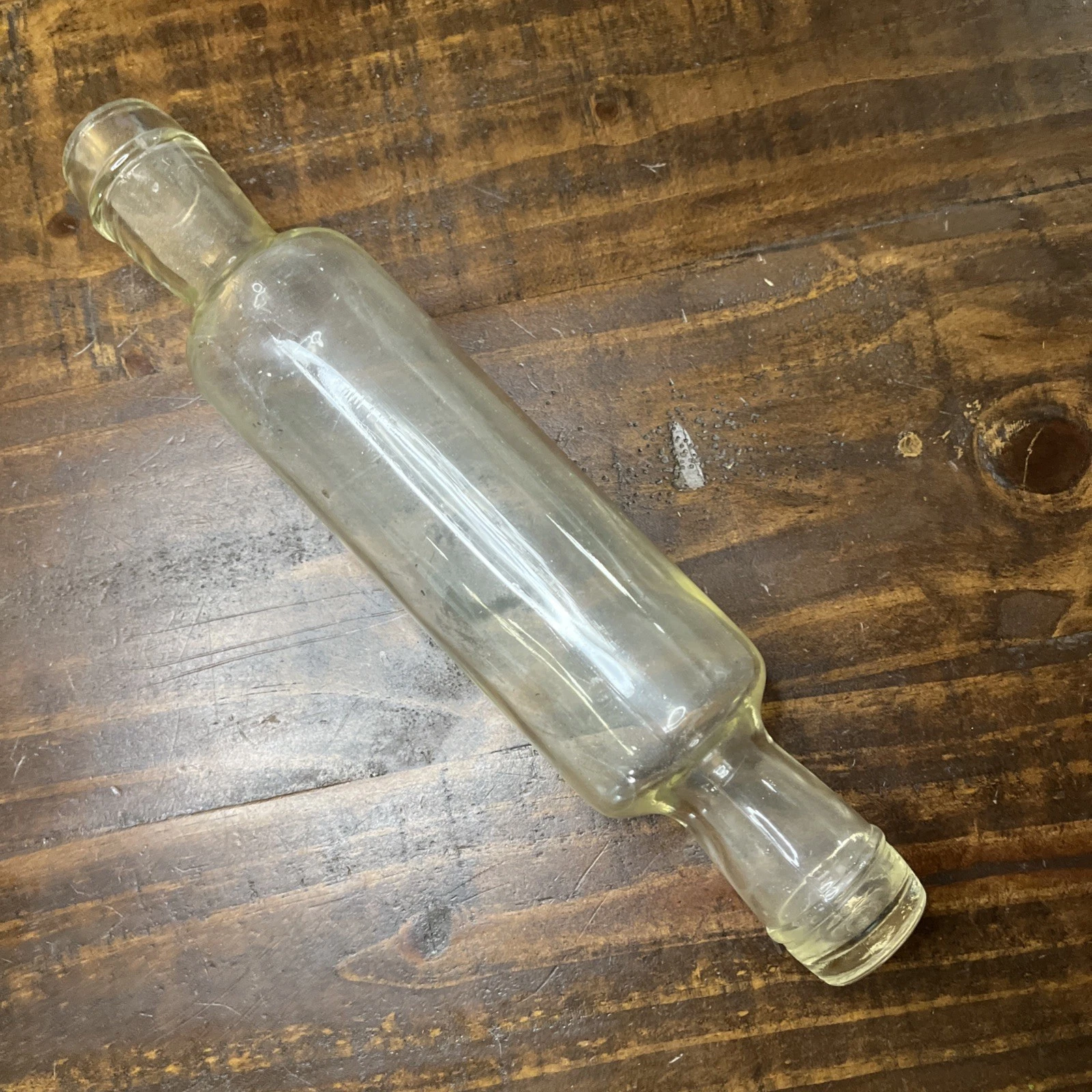 VTG Glass Rolling Pin Antique Clear Hand Blown Hollow 14” Flat Bottom No Lid