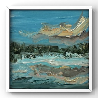 Turquoise Blue Abstract Landscape Original Oil Painting Lake Pond Sky Clouds Art