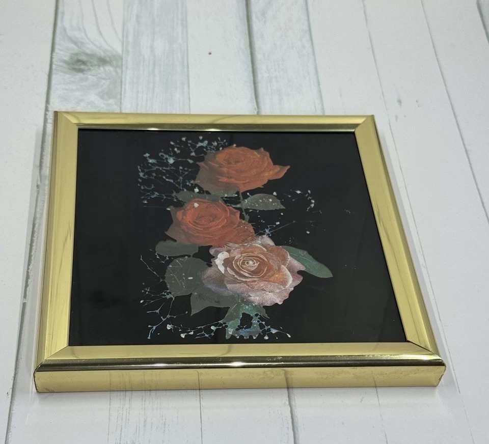 1980s Vintage Kafka Industries HAND ETCHED Foil Print 6" Gold Frame - Pink Roses - Image 2 of 4