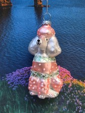 White Poodle w/ Pink  Green sweater Christmas ornament, Glass, Holiday Lane NWT