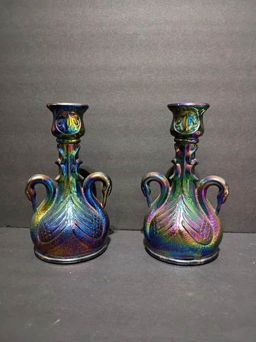 Fenton Amethyst Carnival Swan Candlestick Pair Vintage c.1972 With Sticker