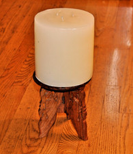 Vintage Large Off-white Pillar Candle  hand carved wood stand 6" tall 5 3/4 dia
