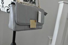 Womens Ladies Grey Vegan Leather Quilted Shoulder Crossbody Camera Gold Bag