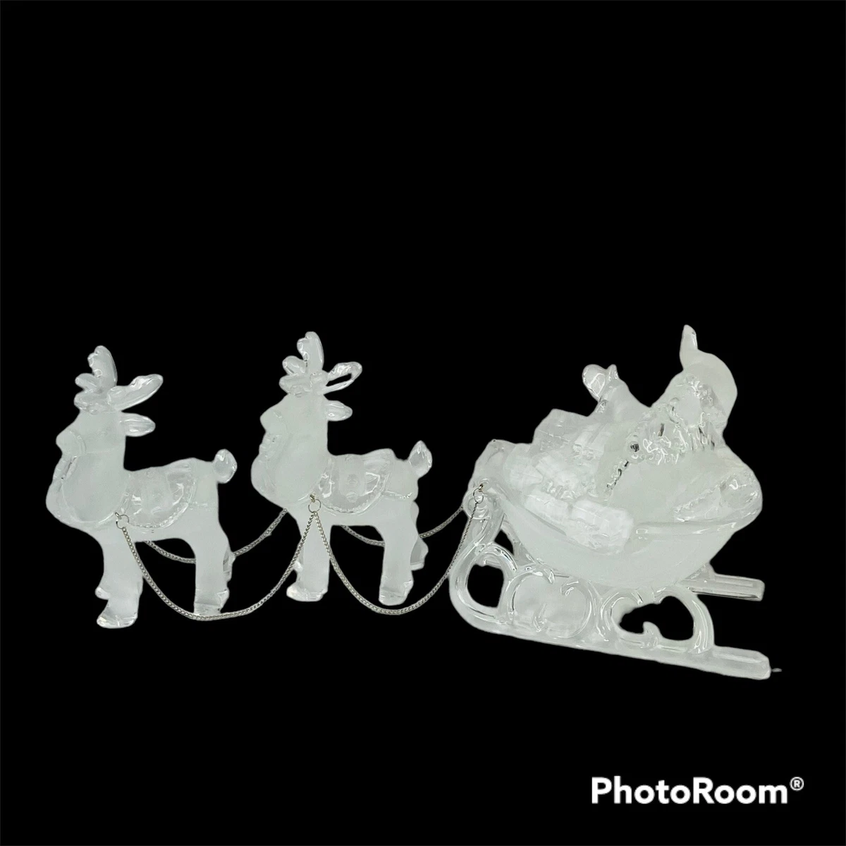 Santa Sleigh 2 Reindeer Christmas Figurine Frosted White and Clear Acrylic