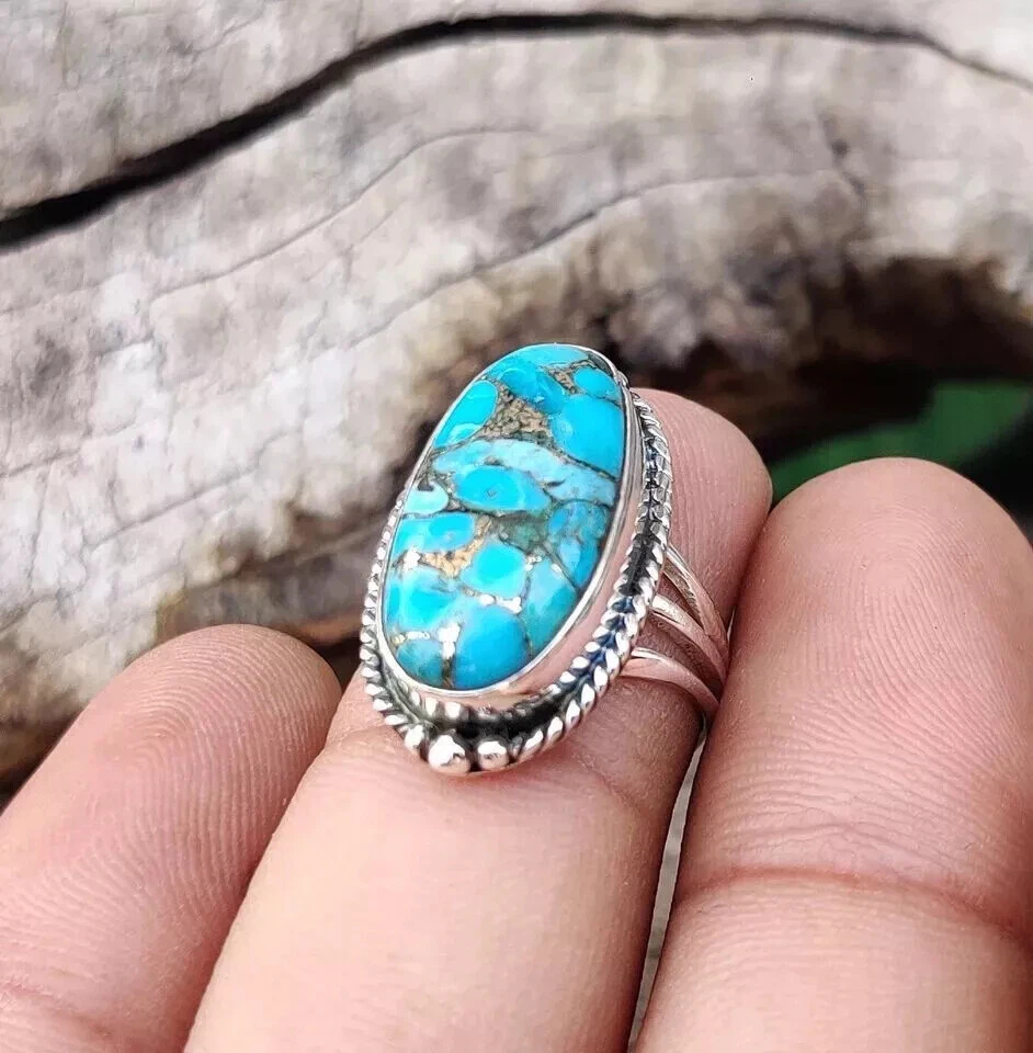 Blue Copper Turquoise Ring Handmade 925 Sterling Silver Boho Ring All Size R147 - Image 3 of 4