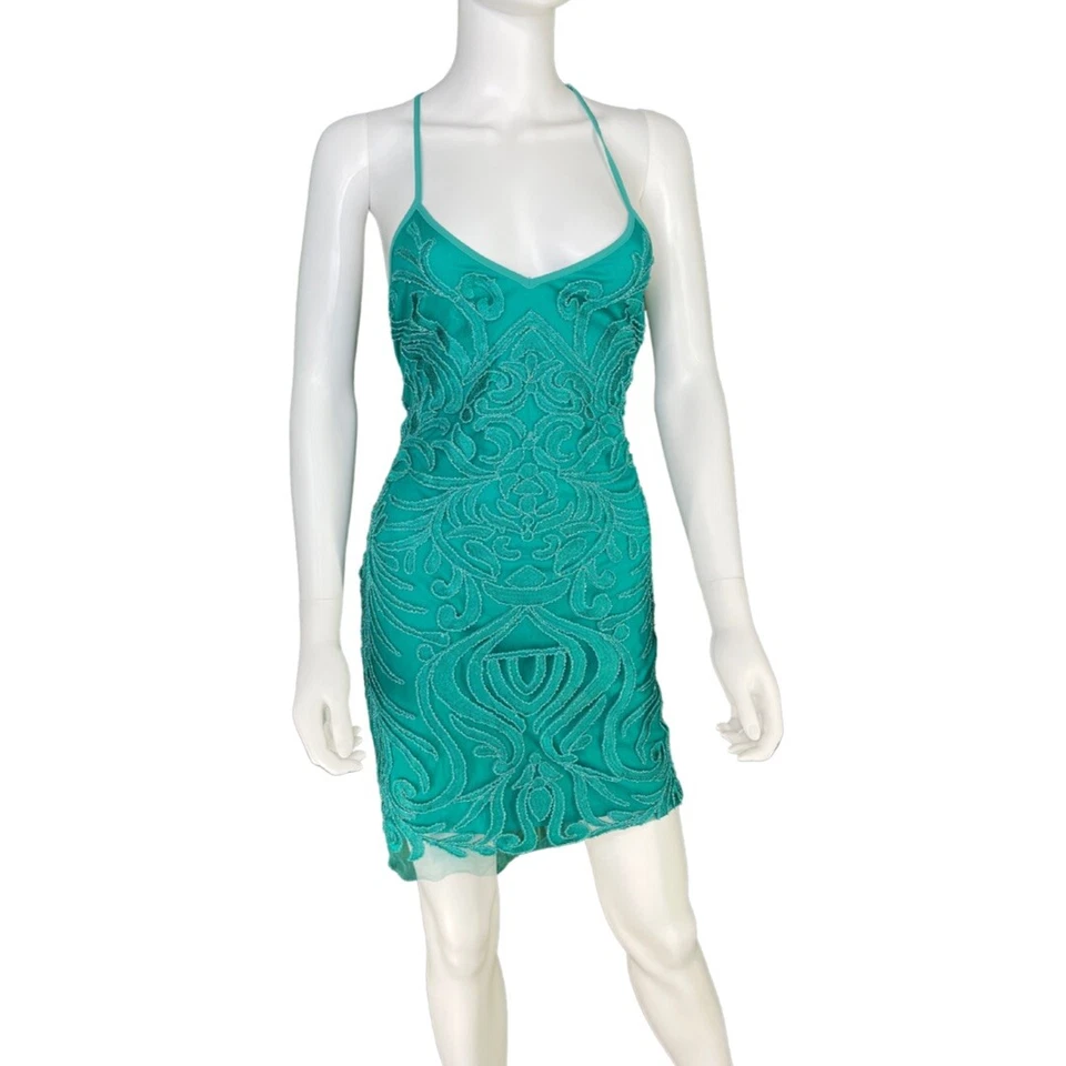 Party Formal Short Spaghetti Strap Prom Green Beaded Embroidery Dress Sz Medium - Image 2 of 4