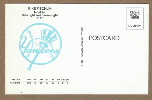 1986 TCMA Postcards Mike Fischlin Yankees (20% *Rebate w 10 Item Order!!) - Picture 2 of 2