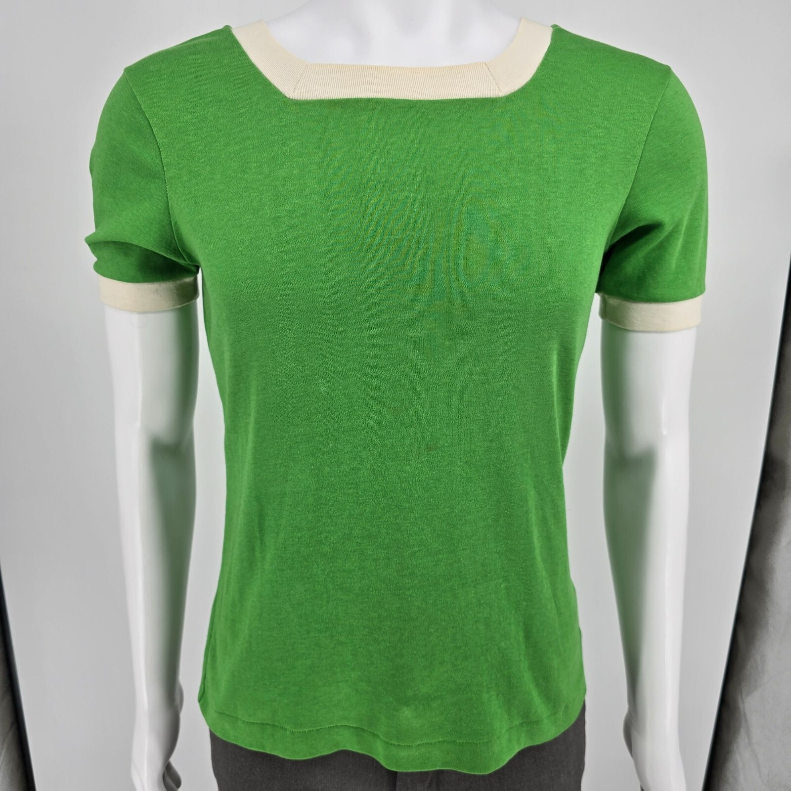 Vintage 1970s Sears Kelly Green Ringer Tee with Contrast Trim Square Neck Size S